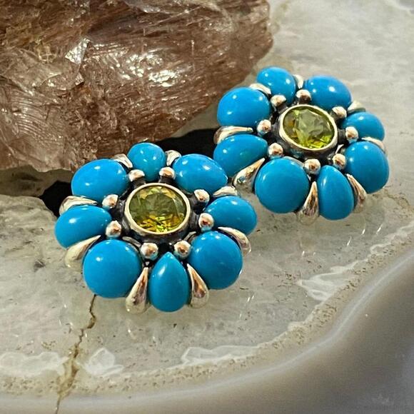 Carolyn Pollack Sterling Silver Turquoise & Faceted Peridot Flower Stud Earrings - Picture 3 of 9